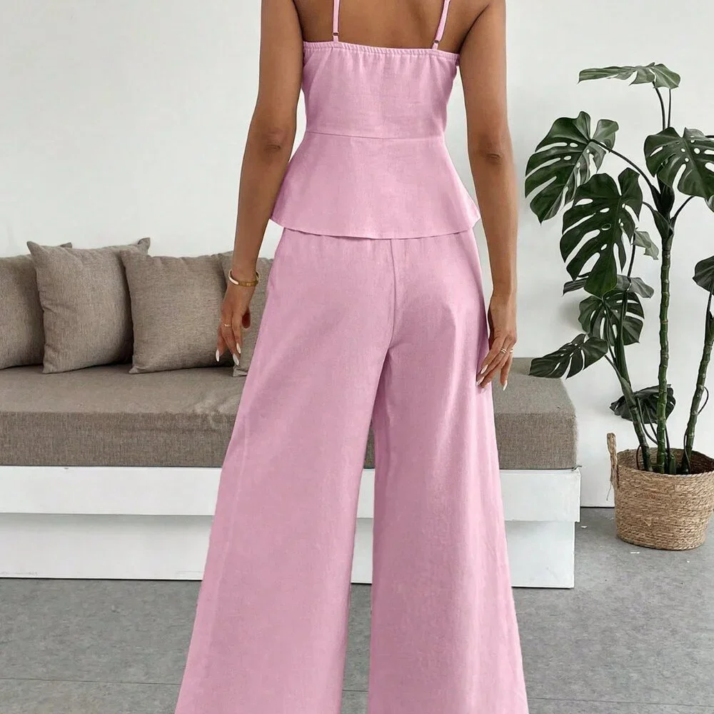 Pink Elegant Women's Casual Fitted Camisole And Wide Leg Pants